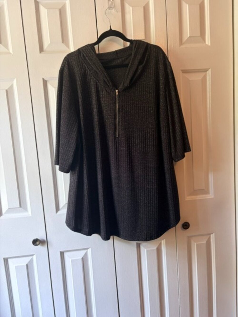 Plus Size 3XL Black Metallic Shimmer Hooded Zip Tunic Top